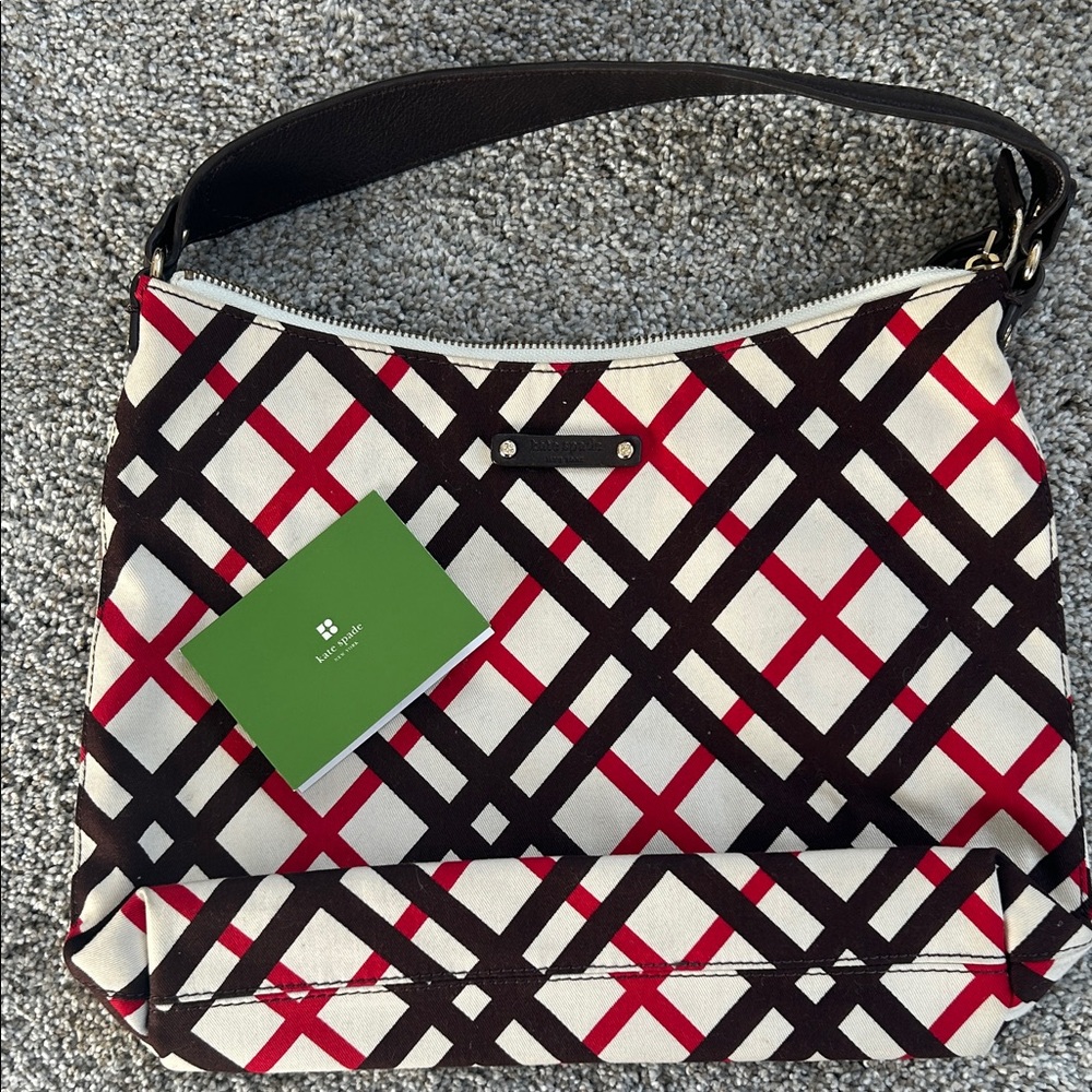 Stylish Kate Spade Fabric Shoulder Bag - Cream with Brown and Red Pattern